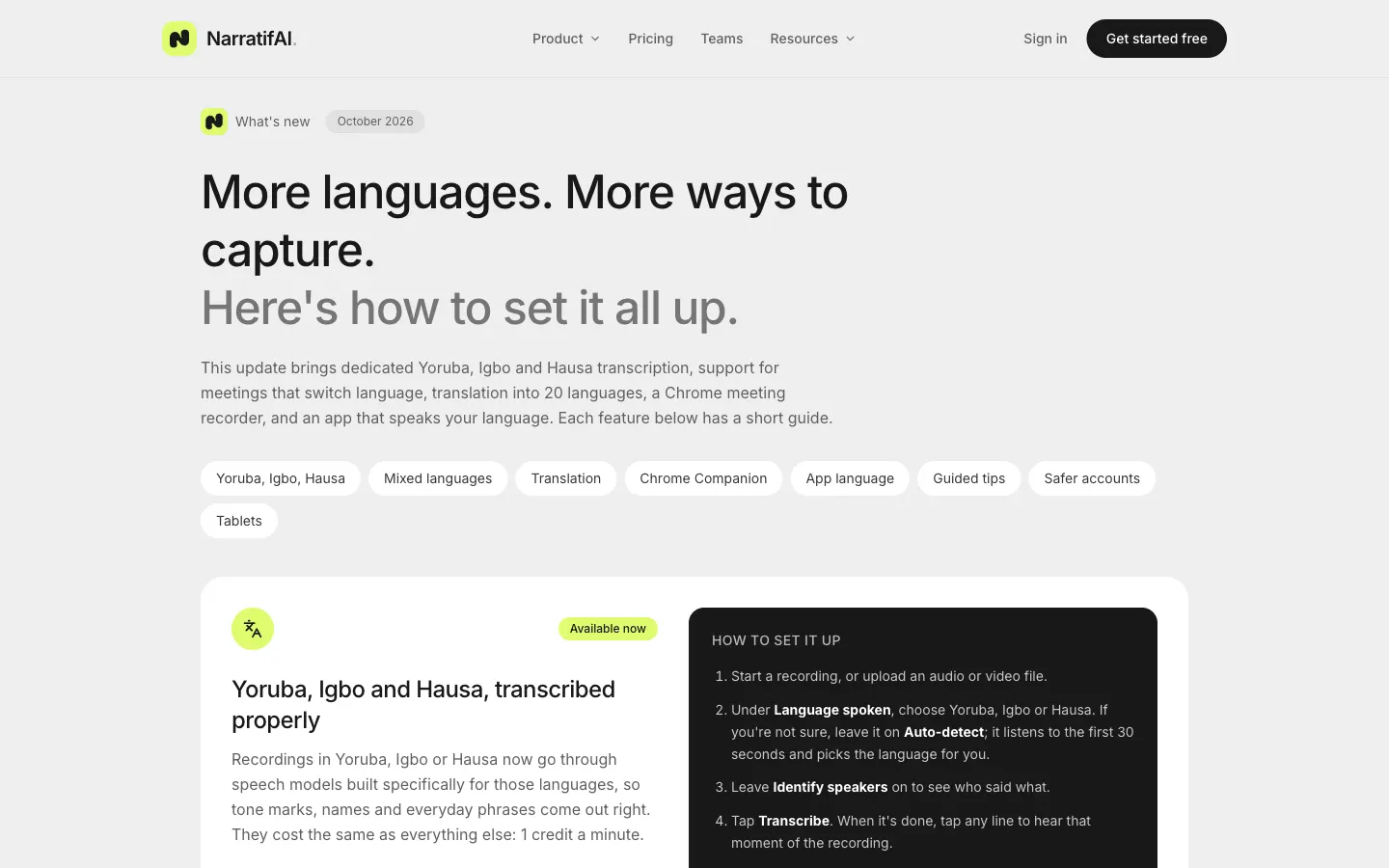 Yoruba, Igbo and Hausa transcription, plus translation