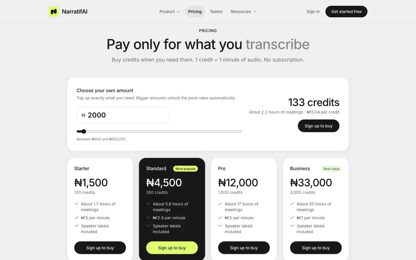 Pay-per-minute credits, no subscription