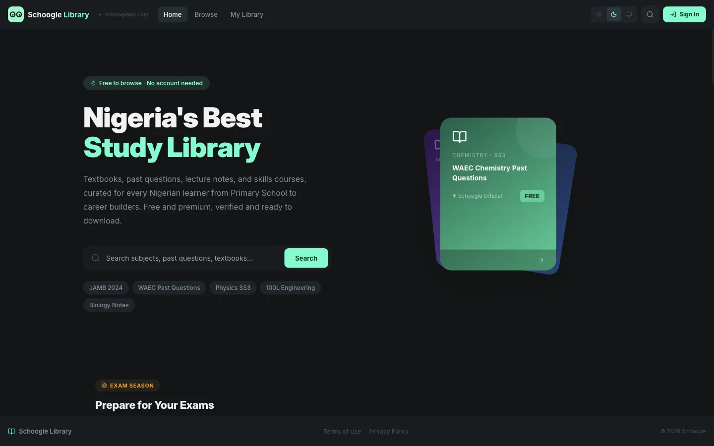 The Schoogle Library: textbooks, past questions and skills courses